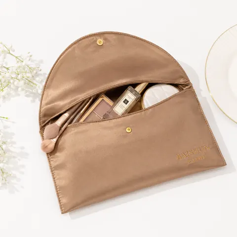 Bronze Satin-Look Snap Cosmetic Envelope Pouch — product gallery view