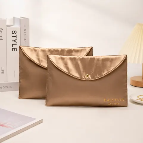 Bronze Satin-Look Snap Cosmetic Envelope Pouch — product gallery view