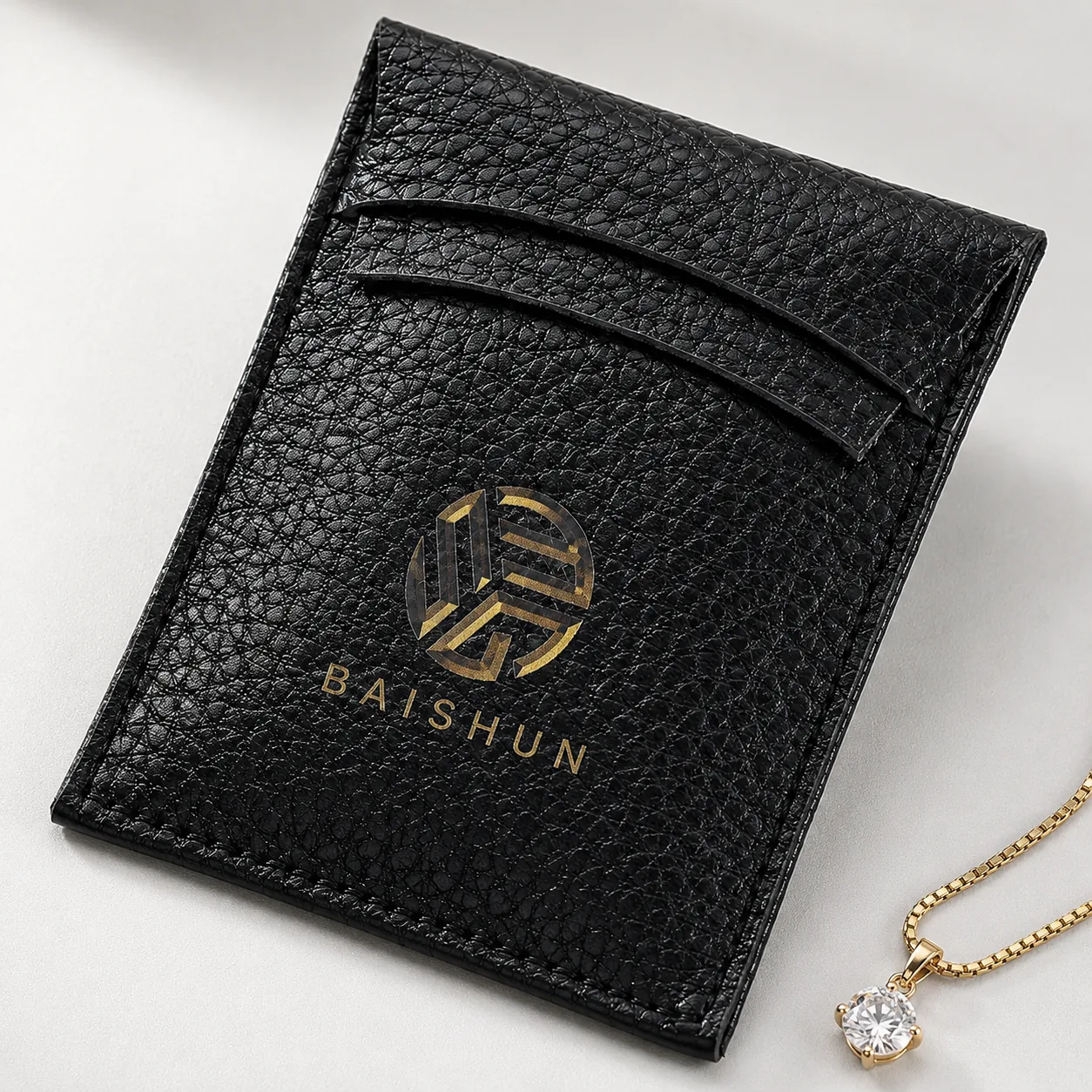 Black Leather-Look Jewelry Envelope Pouch — main product view