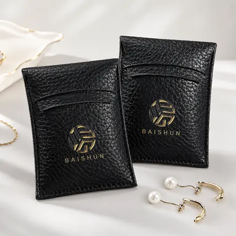 Black Leather-Look Jewelry Envelope Pouch — product gallery view