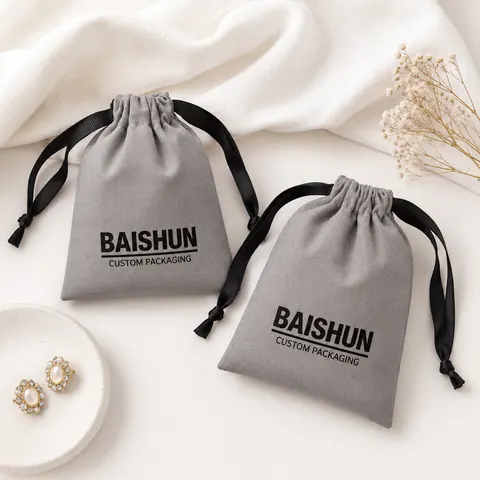 Gray Fabric Drawstring Pouch — product gallery view