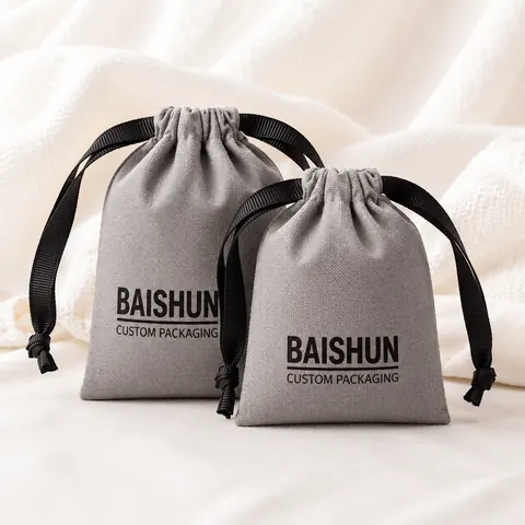 Gray Fabric Drawstring Pouch — product gallery view