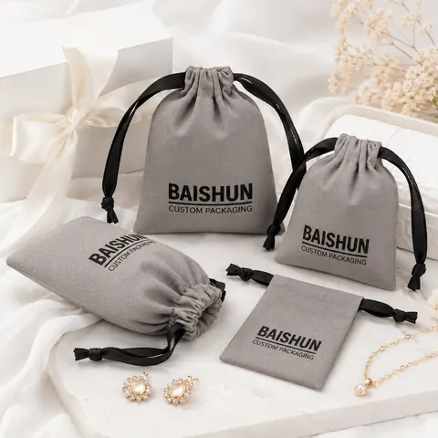 Gray Fabric Drawstring Pouch — product gallery view