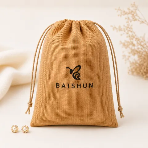Brown Textured Drawstring Pouch