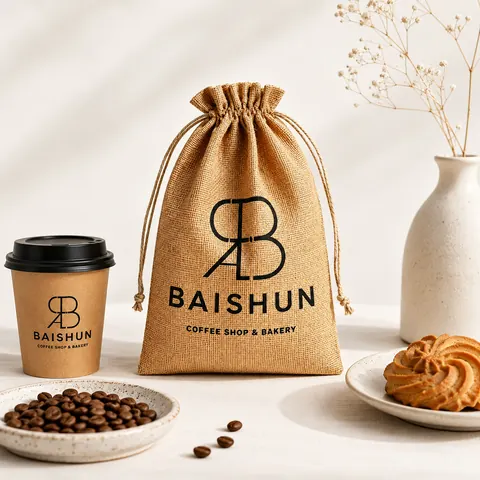 Coffee Graphic Jute Drawstring Pouch — product gallery view