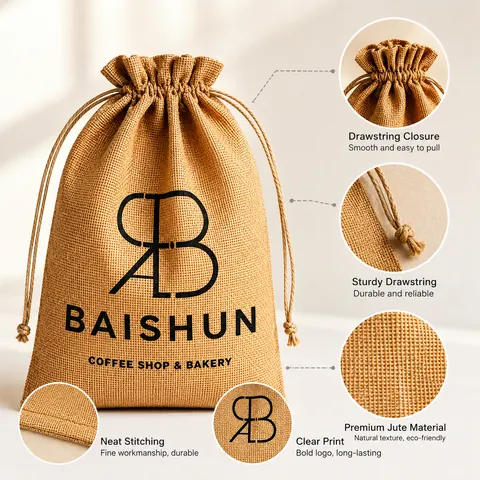 Coffee Graphic Jute Drawstring Pouch — product gallery view