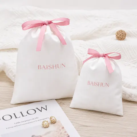 White Satin-Look Pink Ribbon Pouch
