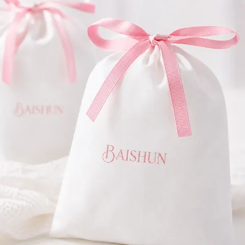 White Satin-Look Pink Ribbon Pouch — product gallery view
