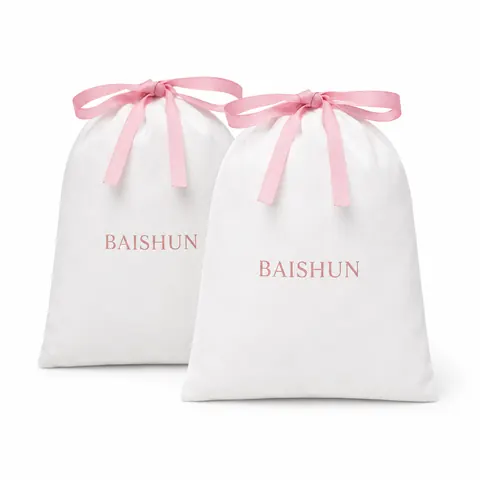 White Satin-Look Pink Ribbon Pouch — product gallery view