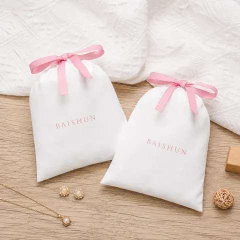 White Satin-Look Pink Ribbon Pouch — product gallery view
