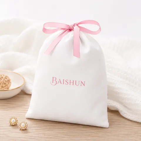 White Satin-Look Pink Ribbon Pouch — product gallery view