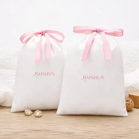 White Satin-Look Pink Ribbon Pouch — product gallery view