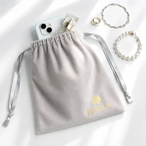 Silver Gray Satin-Look Drawstring Pouch — product gallery view