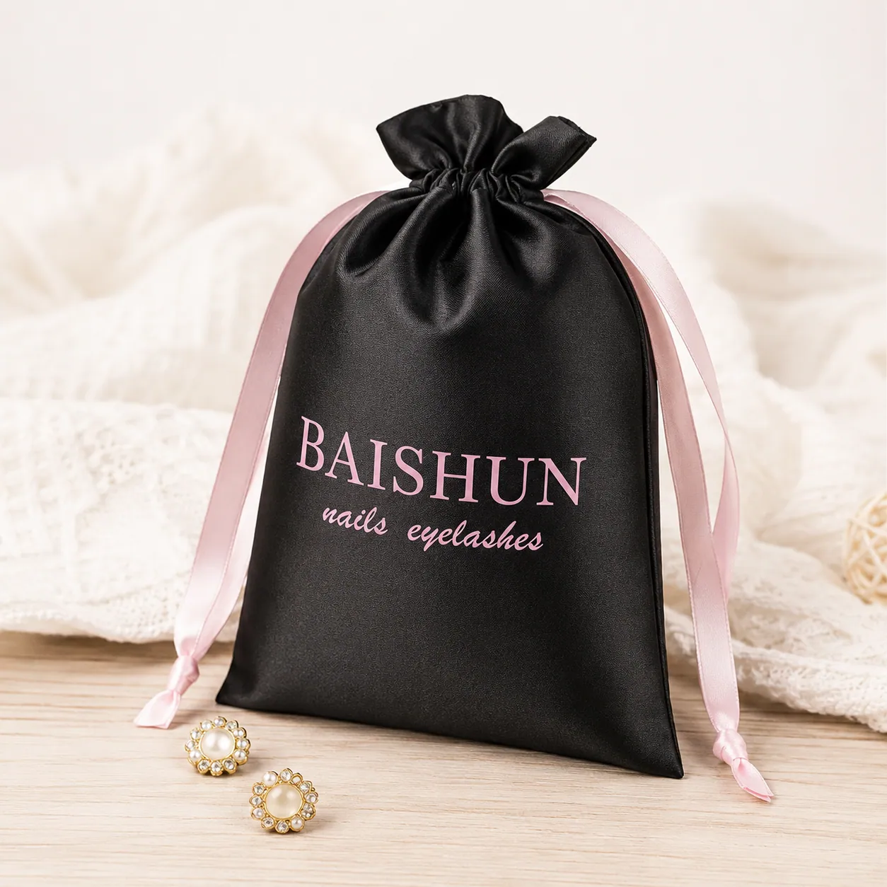 Black Satin-Look Pouch with Pale Pink Ribbon - main product view