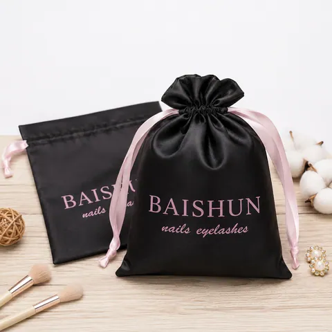 Black Satin-Look Pouch with Pale Pink Ribbon - customization reference view 2