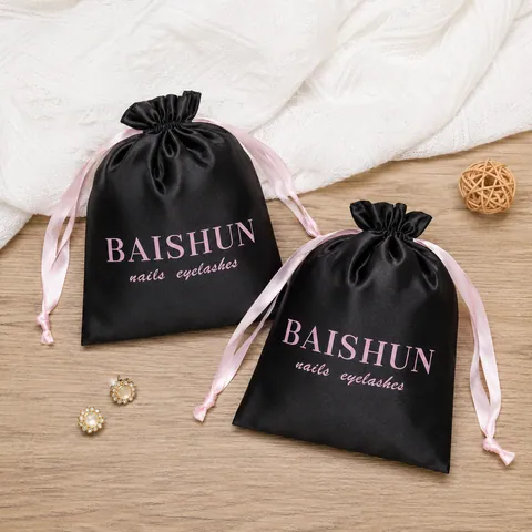 Black Satin-Look Pouch with Pale Pink Ribbon - customization reference view 3