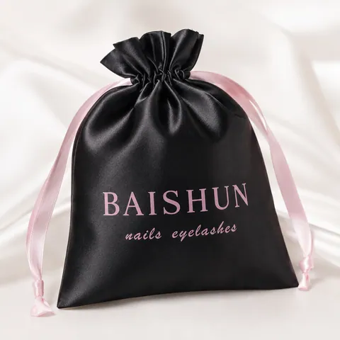 Black Satin-Look Pouch with Pale Pink Ribbon - customization reference view 4