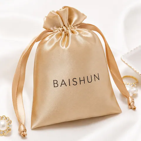 Champagne-colored Baishun satin-look pouch with matching ribbon drawstrings