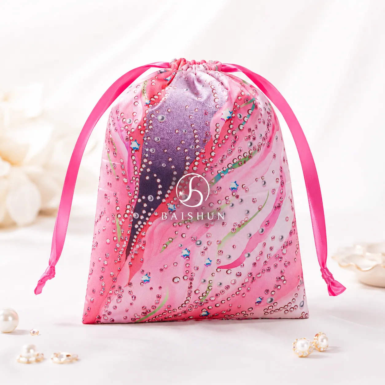 Pink Patterned Satin-Look Drawstring Pouch - main product view