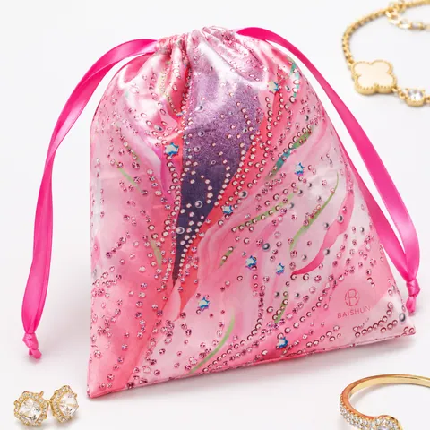 Pink Patterned Satin-Look Drawstring Pouch - customization reference view 2