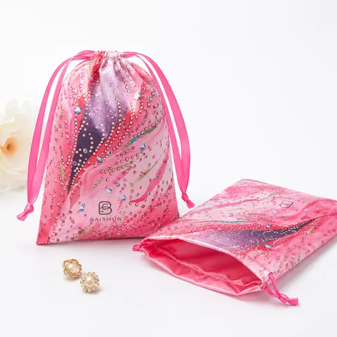 Pink Patterned Satin-Look Drawstring Pouch - customization reference view 3