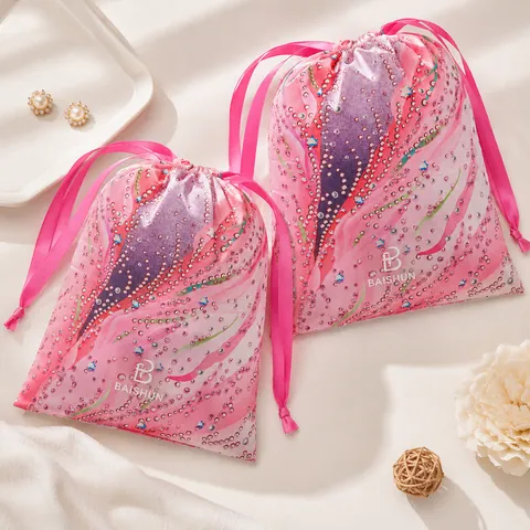 Pink Patterned Satin-Look Drawstring Pouch - customization reference view 4