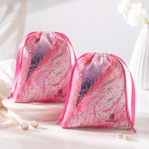Pink Patterned Satin-Look Drawstring Pouch - customization reference view 5