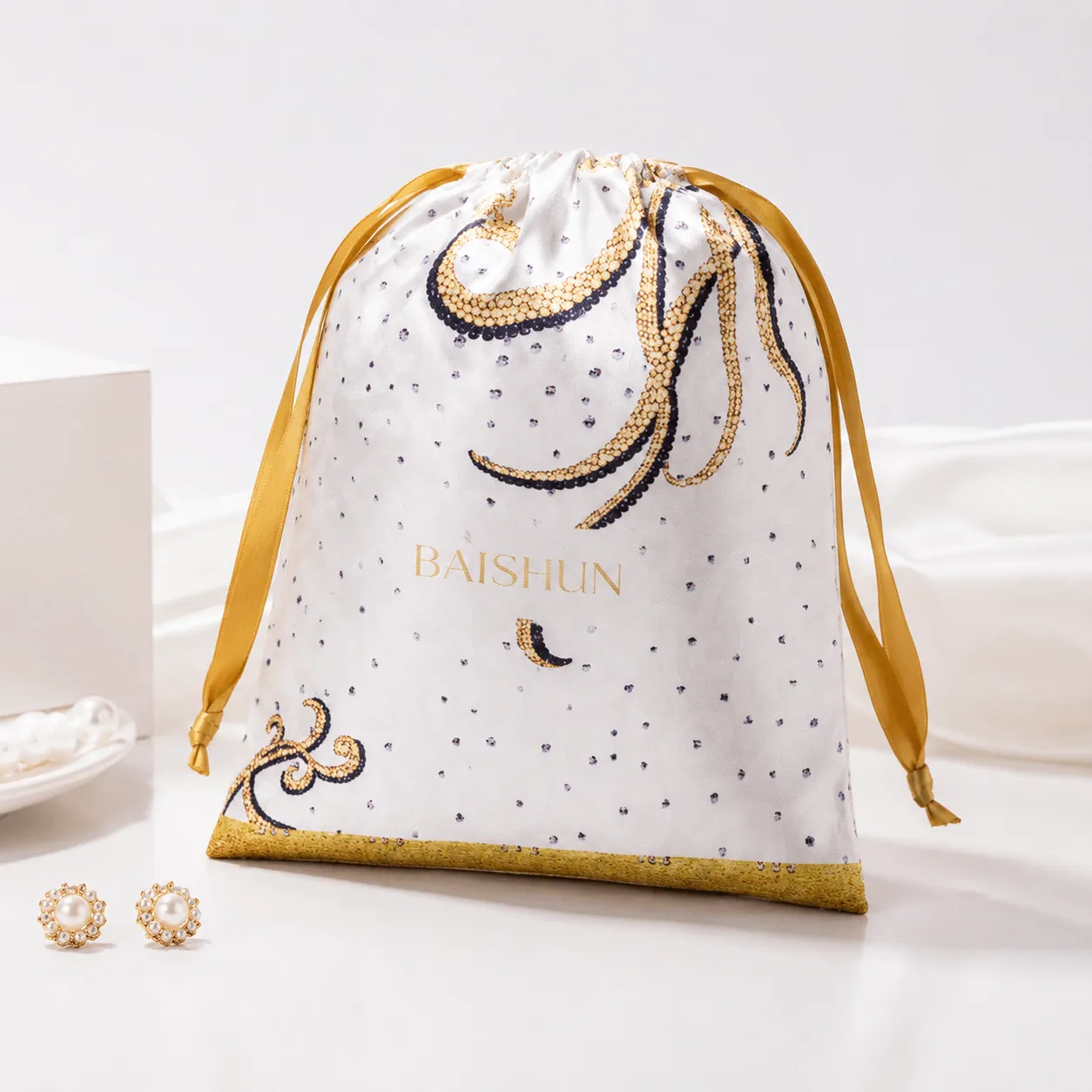 White Black-and-Gold Patterned Satin-Look Pouch - main product view
