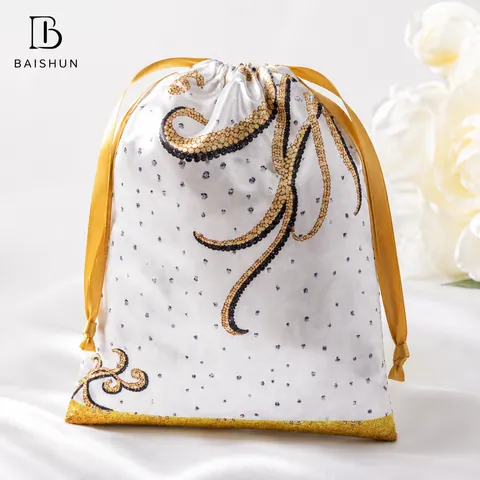 White Black-and-Gold Patterned Satin-Look Pouch - customization reference view 2