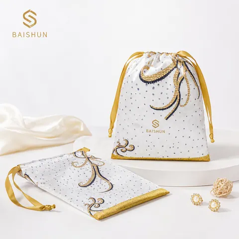 White Black-and-Gold Patterned Satin-Look Pouch - customization reference view 3