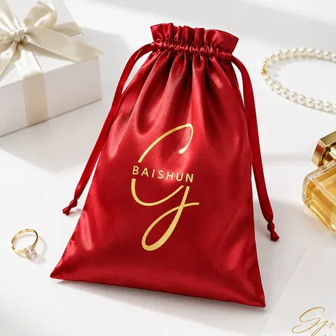 Red Satin-Look Drawstring Gift Pouch - customization reference view 2