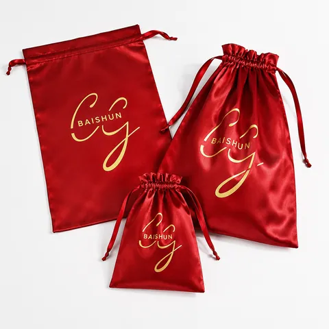 Red Satin-Look Drawstring Gift Pouch - customization reference view 3