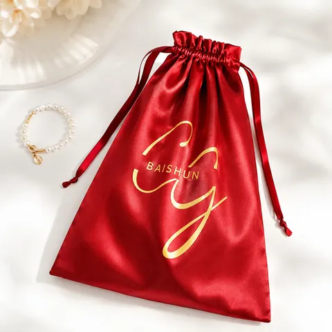 Red Satin-Look Drawstring Gift Pouch - customization reference view 4