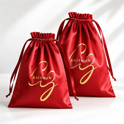 Red Satin-Look Drawstring Gift Pouch - customization reference view 5