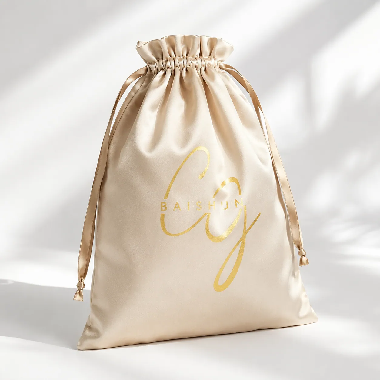 Champagne Satin-Look Pouch with Fine Drawstring - main product view