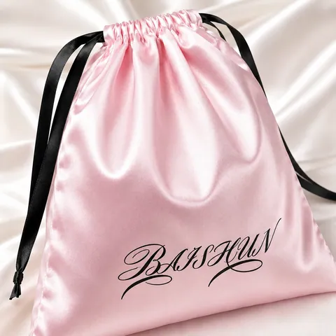 Pink Satin-Look Pouch with Black Script Logo - customization reference view 2