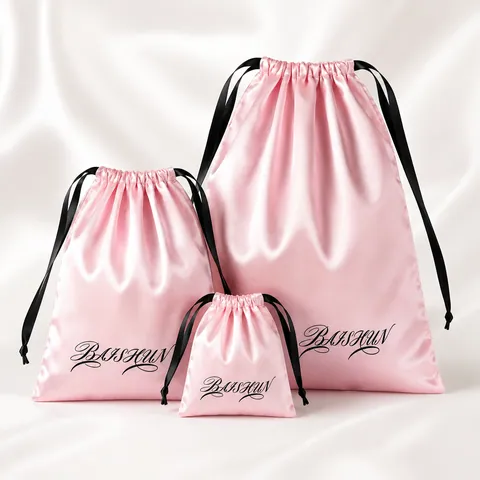 Pink Satin-Look Pouch with Black Script Logo - customization reference view 3