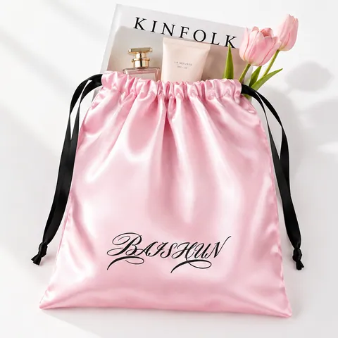 Pink Satin-Look Pouch with Black Script Logo - customization reference view 4