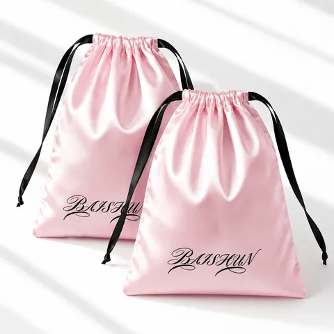Pink Satin-Look Pouch with Black Script Logo - customization reference view 6