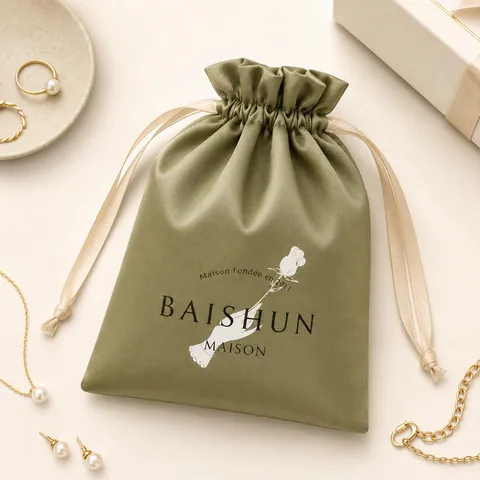 Olive Green Satin-Look Pouch with Cream Drawstring - customization reference view 2