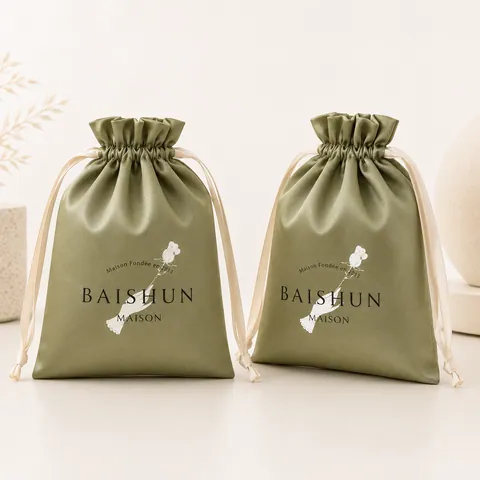 Olive Green Satin-Look Pouch with Cream Drawstring - customization reference view 3