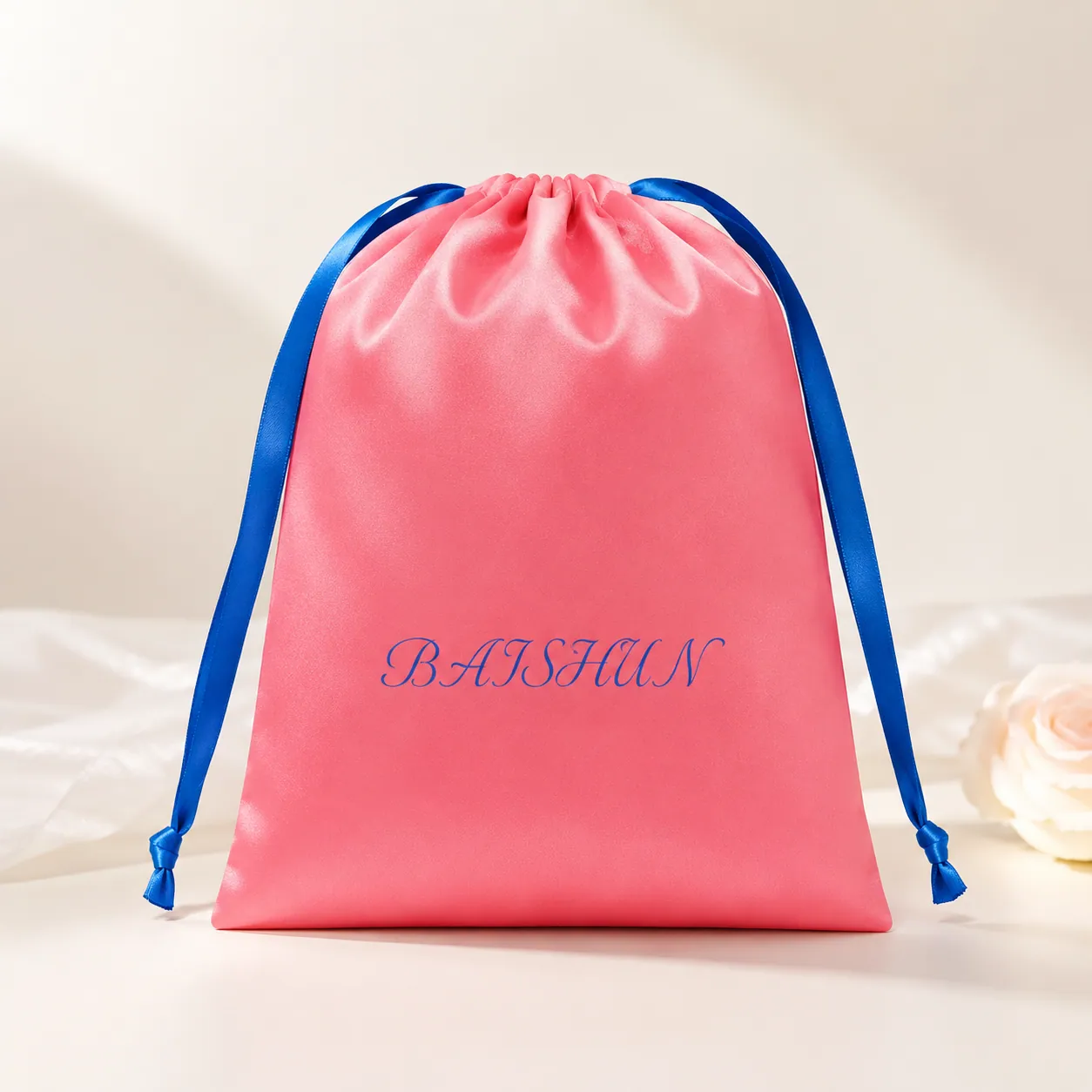 Coral Pink Satin-Look Pouch with Blue Drawstring - main product view