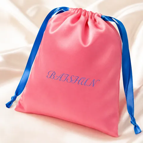 Coral Pink Satin-Look Pouch with Blue Drawstring - customization reference view 2