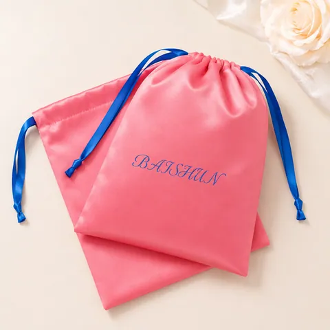 Coral Pink Satin-Look Pouch with Blue Drawstring - customization reference view 3