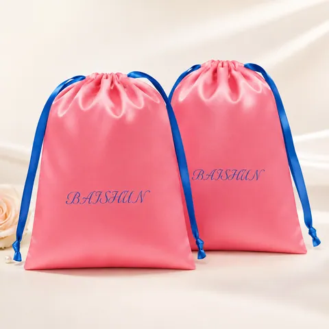 Coral Pink Satin-Look Pouch with Blue Drawstring - customization reference view 4