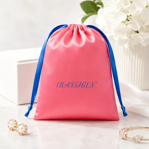 Coral Pink Satin-Look Pouch with Blue Drawstring - customization reference view 5
