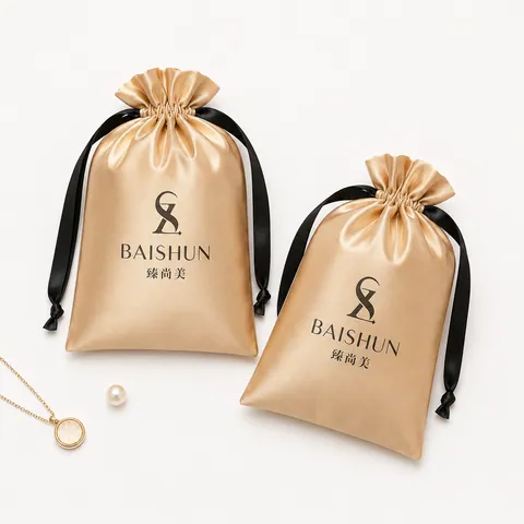 Champagne Satin-Look Pouch with Black Drawstring - customization reference view 2