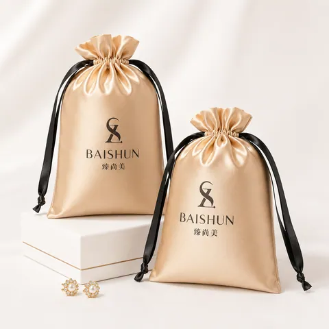 Champagne Satin-Look Pouch with Black Drawstring - customization reference view 3