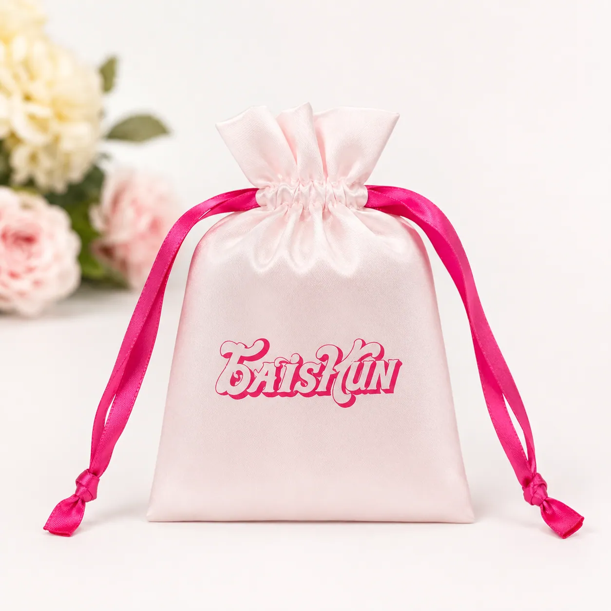 Pale Pink Satin-Look Pouch with Rose Ribbon - main product view