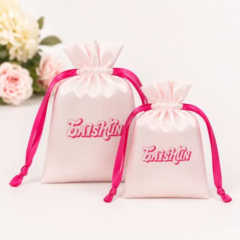 Pale Pink Satin-Look Pouch with Rose Ribbon - customization reference view 2